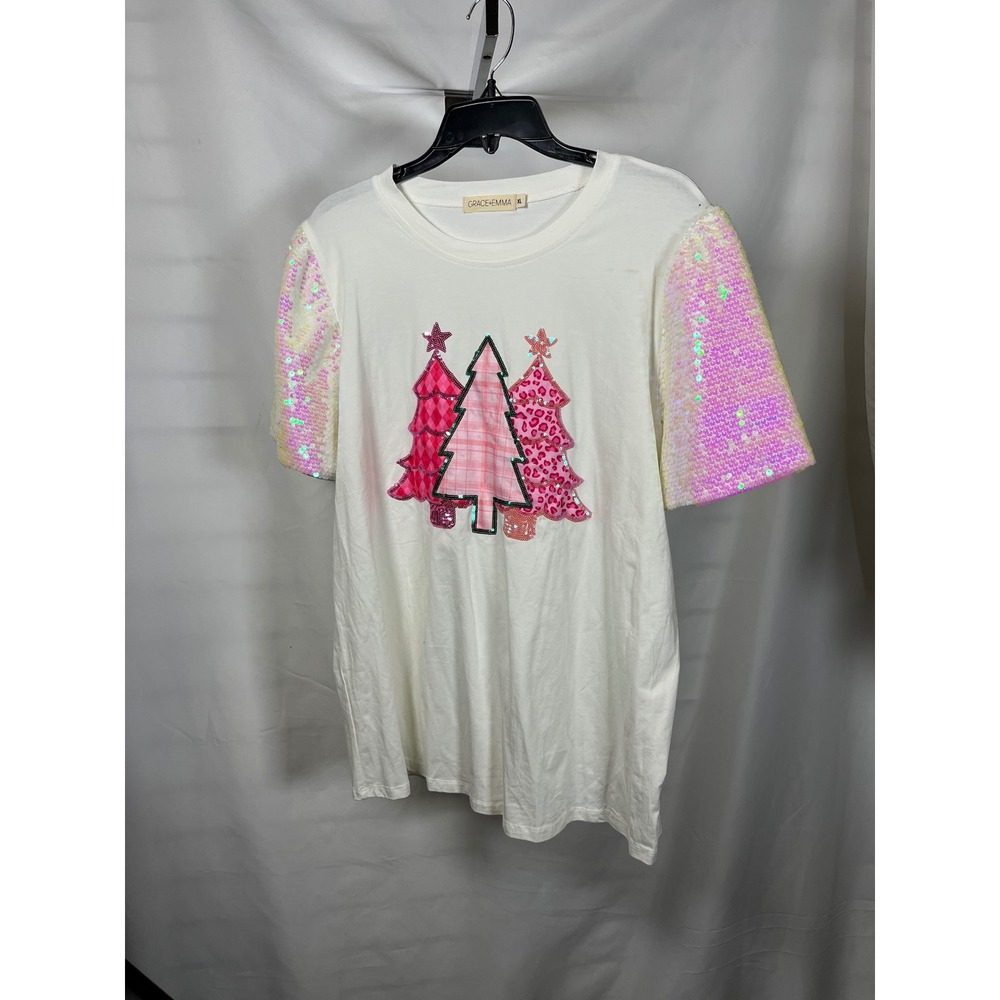 Grace & Emma White Sequin Sleeve Christmas Tree Graphic T-Shirt XL Pink Holiday